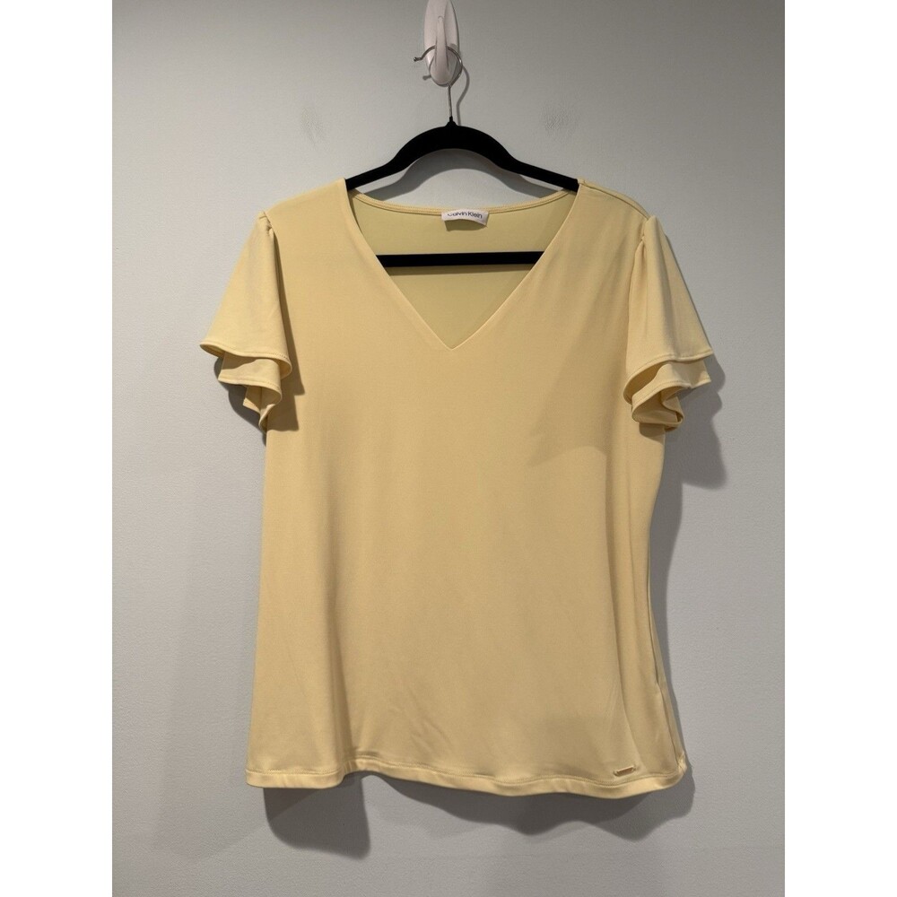 Calvin Klein Flutter Sleeve Top Womens Medium* Yellow Stretch Vacation Travel